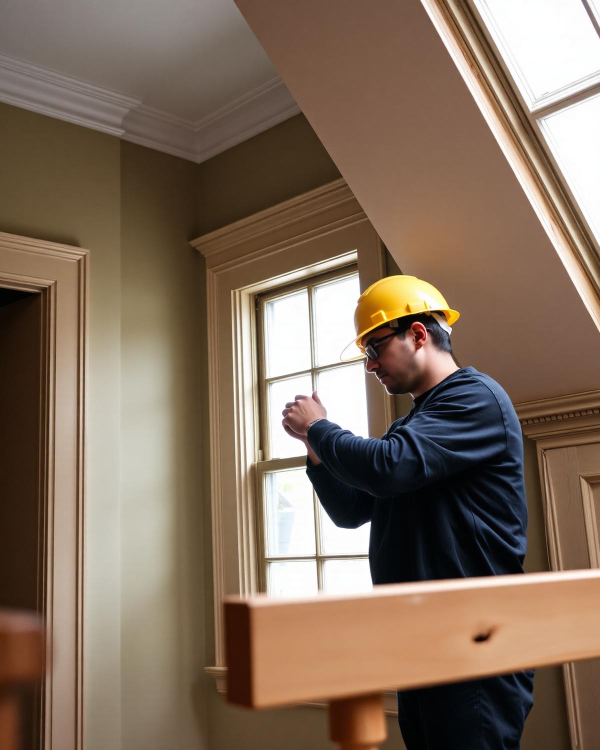A craftsman carefully removing architectural trim in a historic interior
