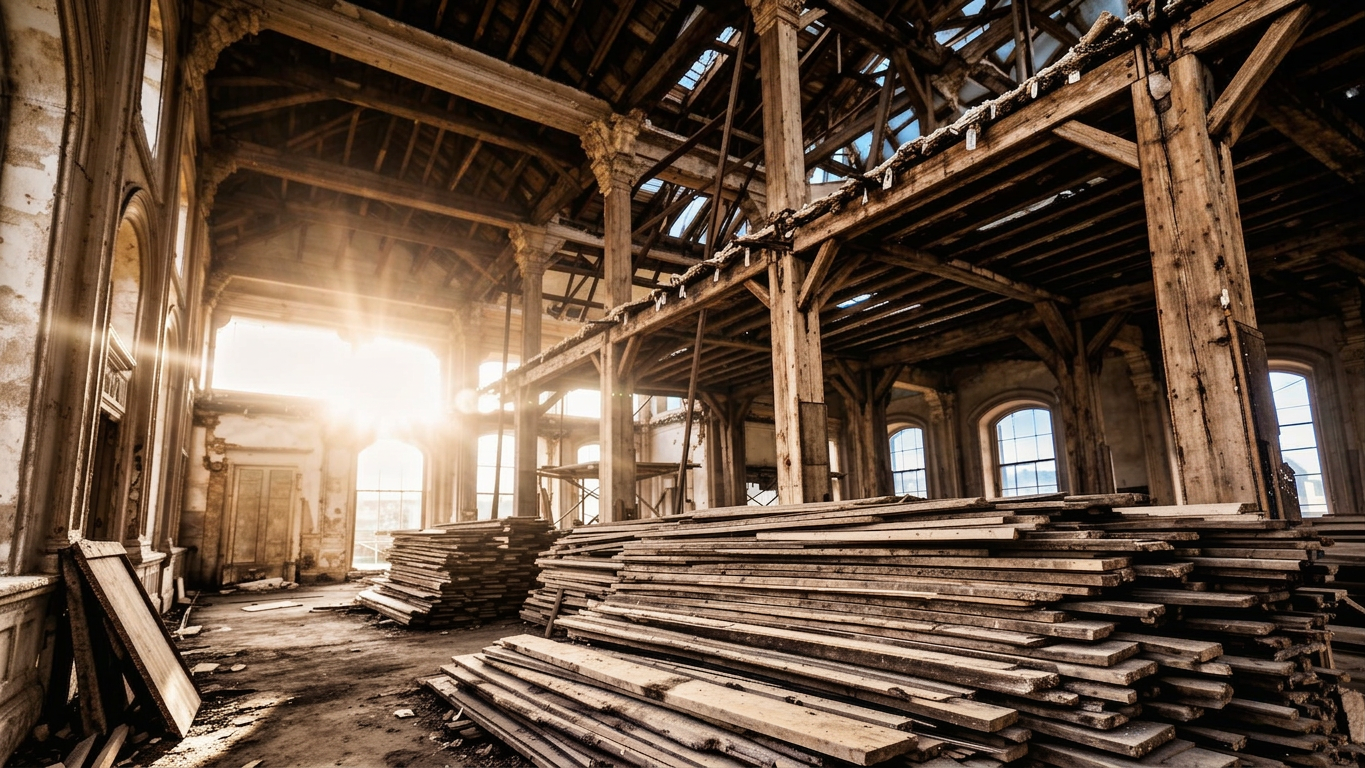 Interior of a historic building during careful deconstruction, reclaimed timber stacked under exposed beams