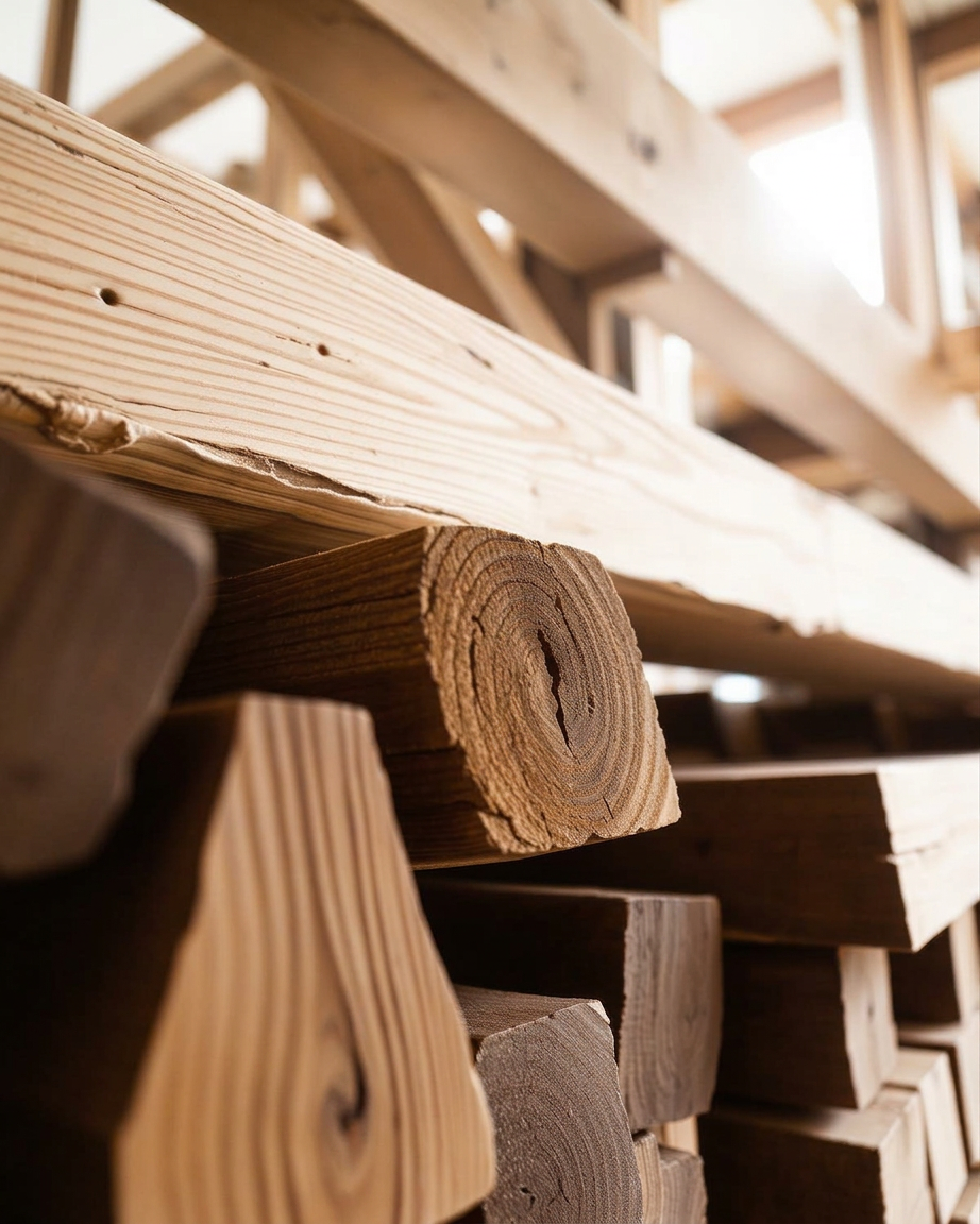 Reclaimed wooden beams stacked, close-up of grain and end-cuts