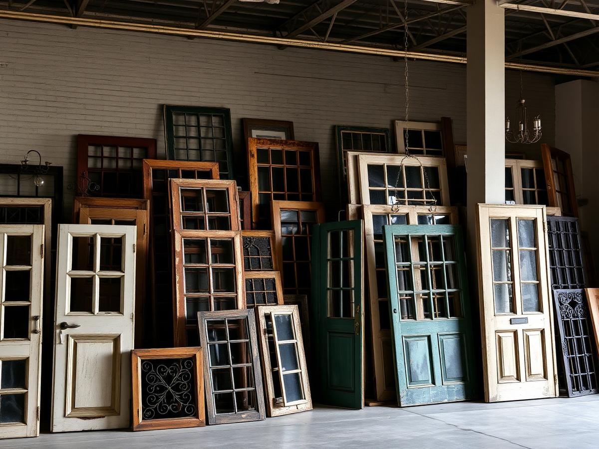 Salvaged vintage doors and windows arranged inside a warehouse